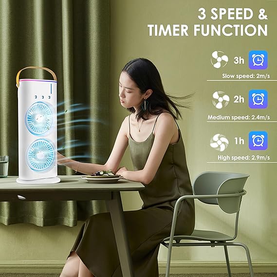 Portable Mini Double Fan Air Cooler with Mist Humidifier and LED Lighting