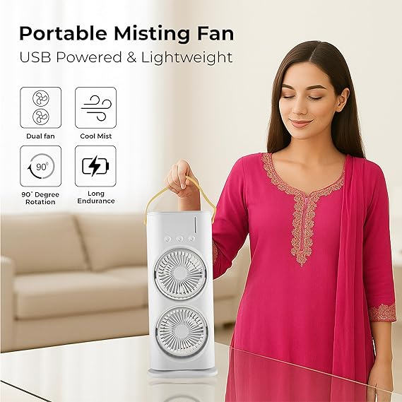 Portable Mini Double Fan Air Cooler with Mist Humidifier and LED Lighting