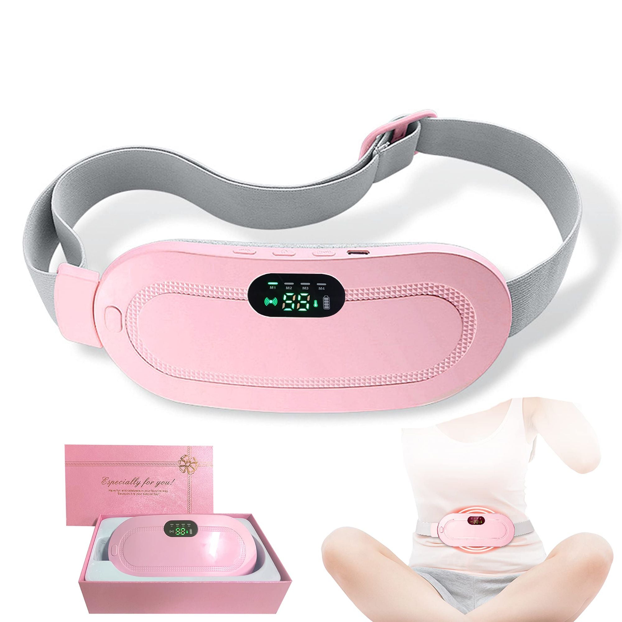 Period Pain Cramp Relief Belt -Portable Menstrual Heating Pad, Heated Belly Belt for Menstrual Cramp Relief with 3 Heat Levels and 4 Modes, Electric Belt Massage for Women and Girls